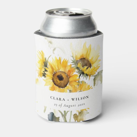 Minimal Boho Waterverf Zonnebloem Rustiek Huwelijk Blikjeskoeler (Blikje Achterkant)