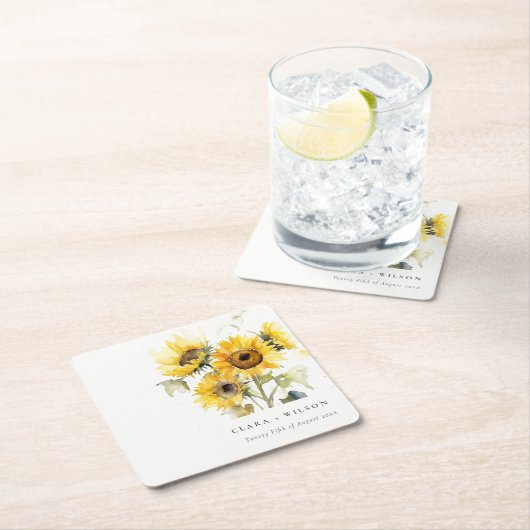 Minimal Boho Waterverf Zonnebloem Rustiek Huwelijk Kartonnen Onderzetters (Insitu)