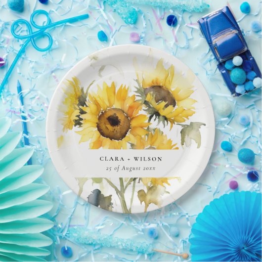 Minimal Boho Waterverf Zonnebloem Rustiek Huwelijk Papieren Bordje (Feest)