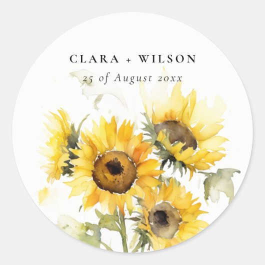 Minimal Boho Waterverf Zonnebloem Rustiek Huwelijk Ronde Sticker (Voorkant)