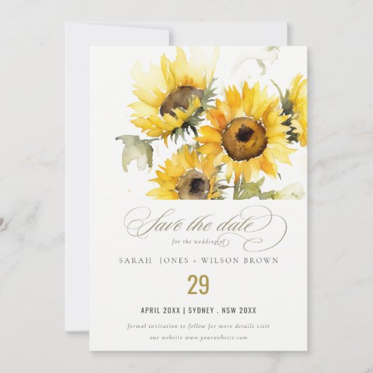 Minimal Boho Waterverf Zonnebloem Rustiek Huwelijk Save The Date (Voorkant)