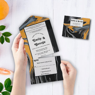 Minimal Boho Zwart Goud Artistieke Abstracte bruil All In One Uitnodiging