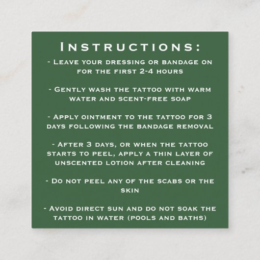 Minimal Bold Tattoo Artiest Nazorg Instructies Vierkante Visitekaartje (Achterkant)