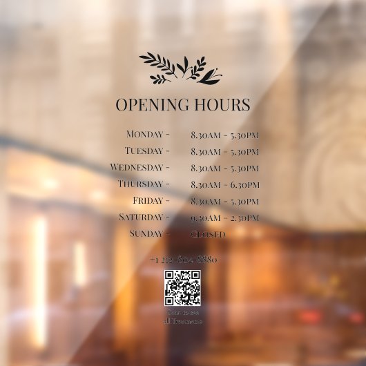 Minimal Botanical Logo Opening Hours QR Code Raamsticker (Vel 2)