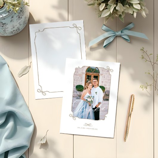 Minimal Bow & Ribbon Foto Lijst Script Wedding Bedankkaart