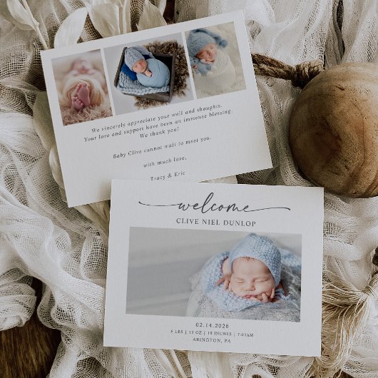 Minimal Calligraphy Boho Birth Announcement Card Bedankkaart