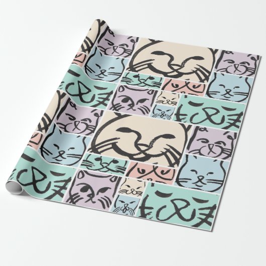 Minimal Cats Line Art Collage  Cadeaupapier (Uitgerold)