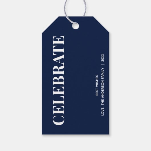 Minimal CELEBRATE | Navy Blue Holiday Cadeaulabel (Voorkant)
