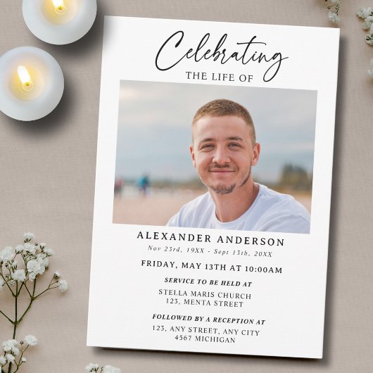 Minimal Celebration of Life Black White Funeral Kaart