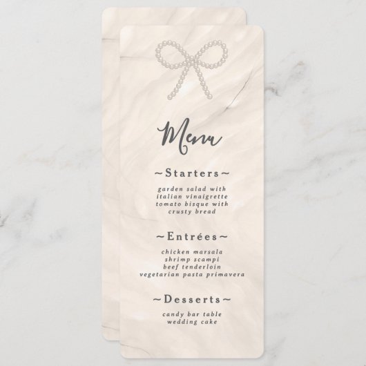 Minimal Champagne Pearl Bow Wedding Reception Menu (Voorkant / Achterkant)