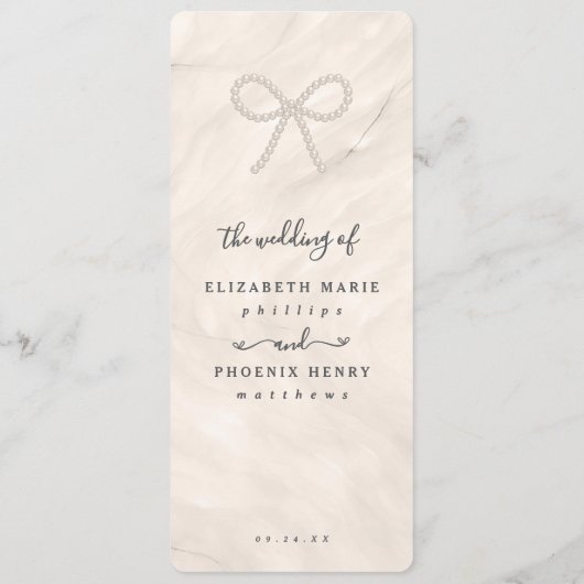 Minimal Champagne Pearl Bow Wedding Reception Menu (Achterkant)