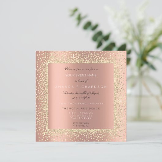 Minimal Champaigne Goud Zwart Confetti Roos Perzik Kaart (Staand voorkant)