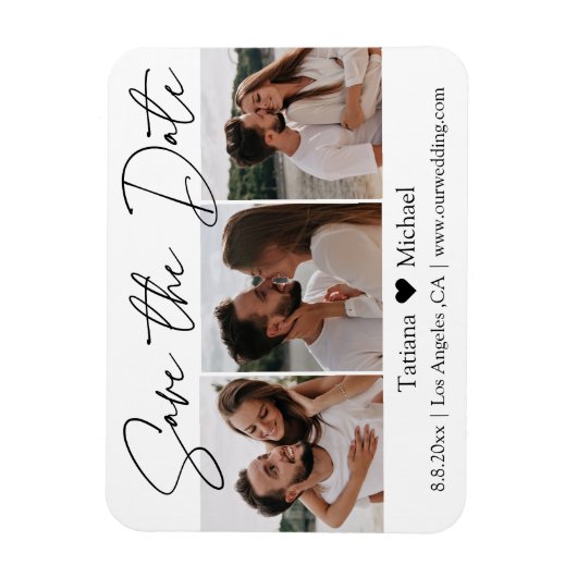 minimal chic 3 photo collage save the date magnet magneet (Verticaal)