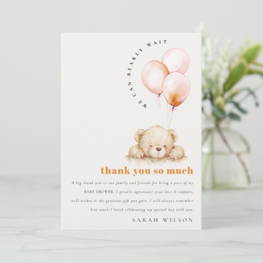 Minimal Chic Blush Bearly Wait Balloon Baby shower Bedankkaart (Staand voorkant)