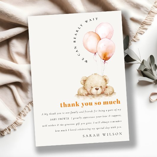 Minimal Chic Blush Bearly Wait Balloon Baby shower Bedankkaart