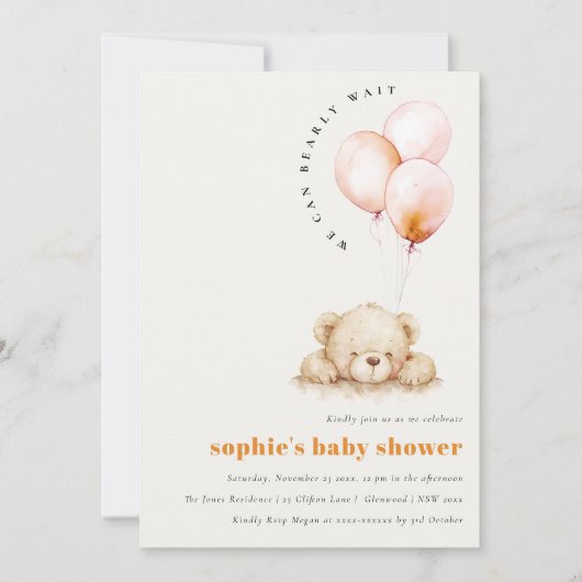Minimal Chic Blush Bearly Wait Balloon Baby shower Kaart (Voorkant)