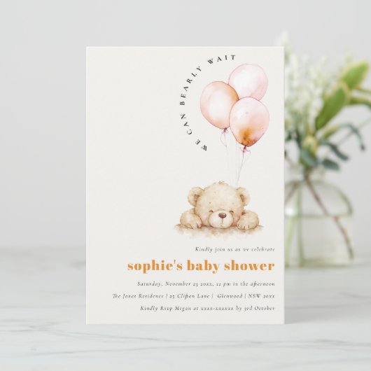 Minimal Chic Blush Bearly Wait Balloon Baby shower Kaart (Staand voorkant)