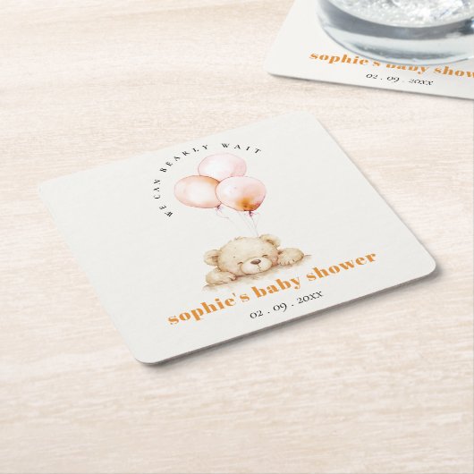 Minimal Chic Blush Bearly Wait Balloon Baby shower Kartonnen Onderzetters (Schuin)
