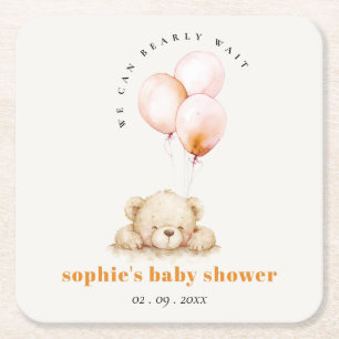 Minimal Chic Blush Bearly Wait Balloon Baby shower Kartonnen Onderzetters