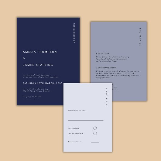 Minimal & Chic Navy Blue Modern Simple Wedding Kaart