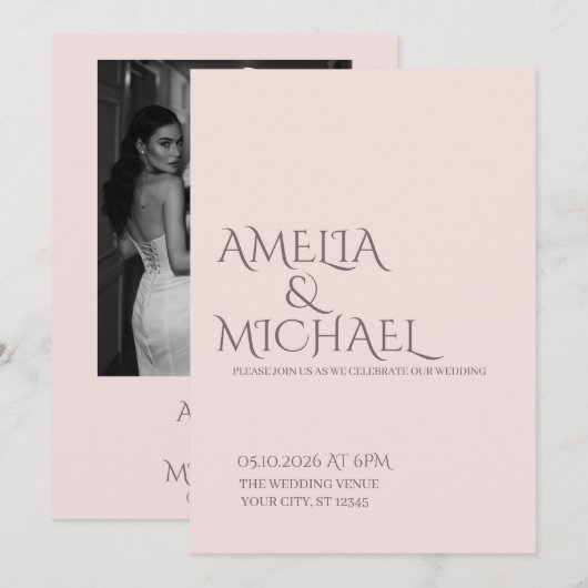 Minimal Chic Prune and Blush Wedding Invitation Kaart (Voorkant / Achterkant)
