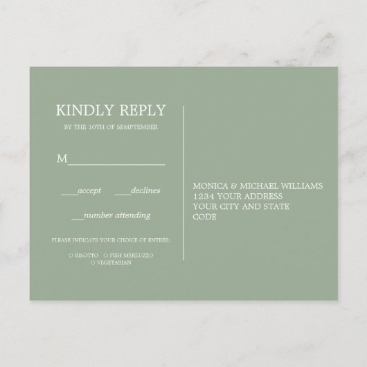 Minimal chic Sage | Trouw RSVP MAALTIJDKEUZE Uitnodiging Briefkaart (Achterkant)