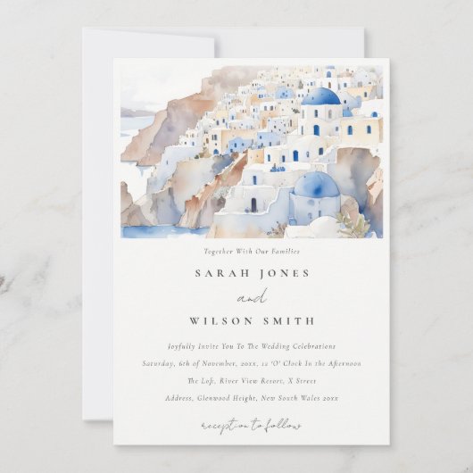 Minimal Chic Santorini Griekenland Waterverf bruil Kaart (Voorkant)