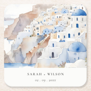 Minimal Chic Santorini Griekenland Waterverf bruil Kartonnen Onderzetters