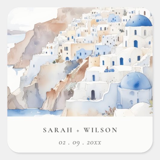 Minimal Chic Santorini Griekenland Waterverf bruil Vierkante Sticker (Voorkant)