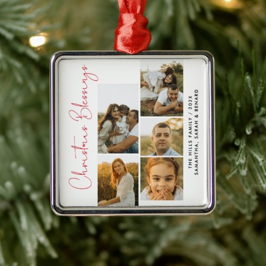 Minimal Christmas Blessings Script Family 5 Photos Metalen Ornament (Boom)