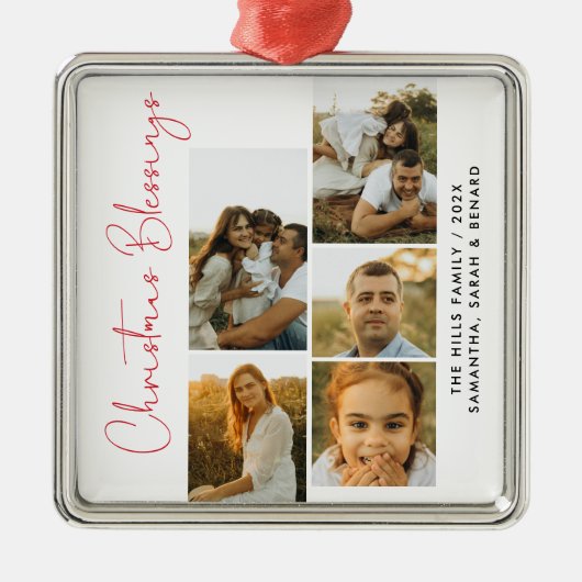 Minimal Christmas Blessings Script Family 5 Photos Metalen Ornament (Voorkant)