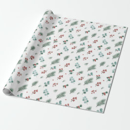 Minimal Christmas Pattern, Pine & Berries  Cadeaupapier
