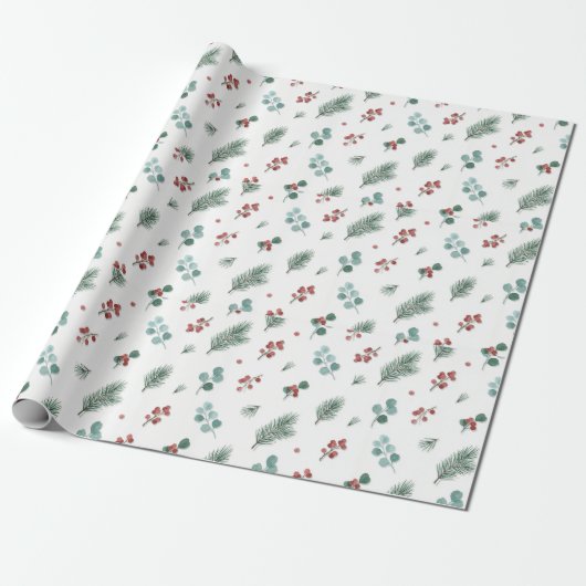 Minimal Christmas Pattern, Pine & Berries  Cadeaupapier (Uitgerold)