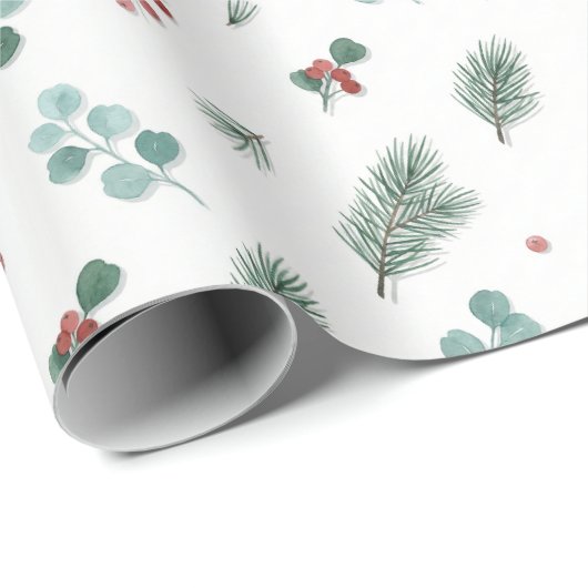 Minimal Christmas Pattern, Pine & Berries  Cadeaupapier (Rol Hoek)