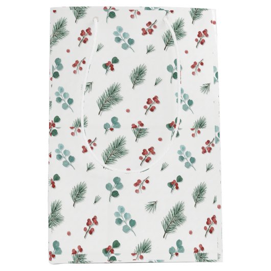 Minimal Christmas Pattern, Pine & Berries  Medium Cadeauzakje (Voorkant)