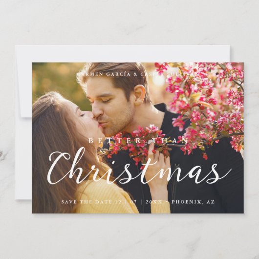 Minimal Christmas Wedding Photo Cute Script Save The Date (Voorkant)