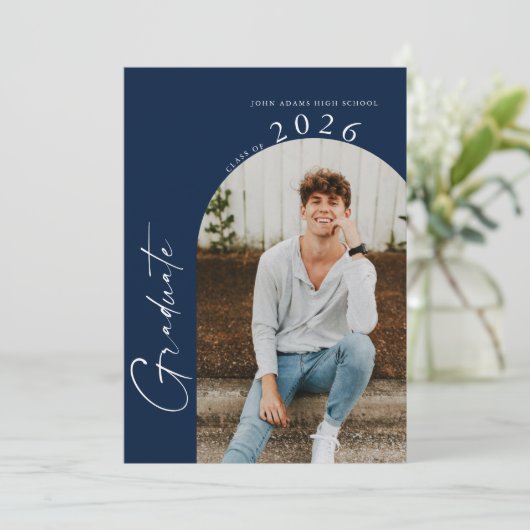 Minimal Class of Photo Dark Blue Graduation Party Kaart (Staand voorkant)