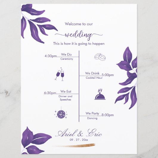 Minimal Classic Elegant Paarse bruiloft programma (Voorkant)