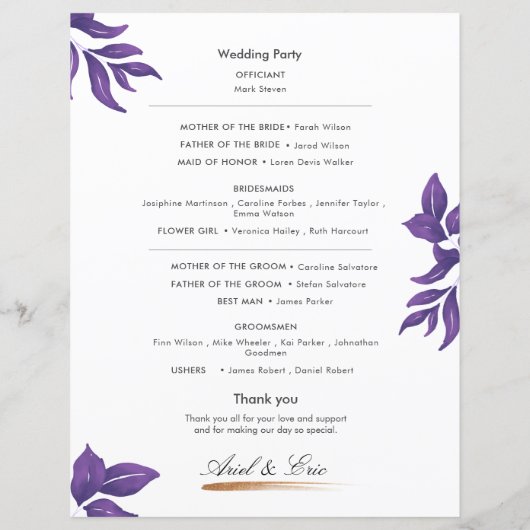 Minimal Classic Elegant Paarse bruiloft programma (Achterkant)