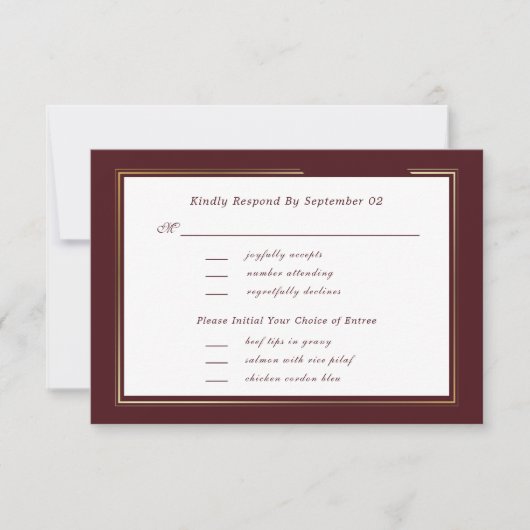 Minimal Dark Burgundy Gold Menu Selection RSVP  (Voorkant)