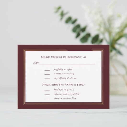 Minimal Dark Burgundy Gold Menu Selection RSVP  (Staand voorkant)