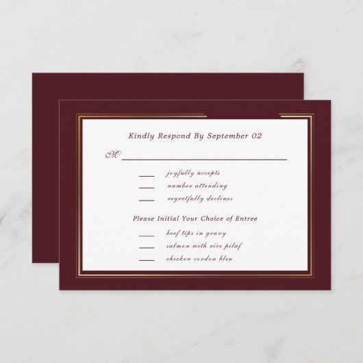Minimal Dark Burgundy Gold Menu Selection RSVP (Voorkant / Achterkant)