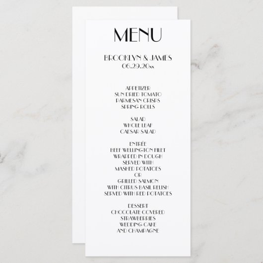 Minimal Deco White Wedding Menu Kaart (Voorkant / Achterkant)