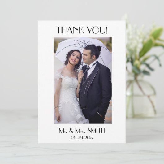 Minimal Deco Wit Dank u Foto bruiloft Kaart (Staand voorkant)