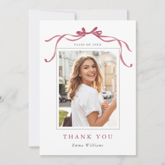 Minimal Deep Blush Bow Graduation Photo Bedankkaart (Voorkant)