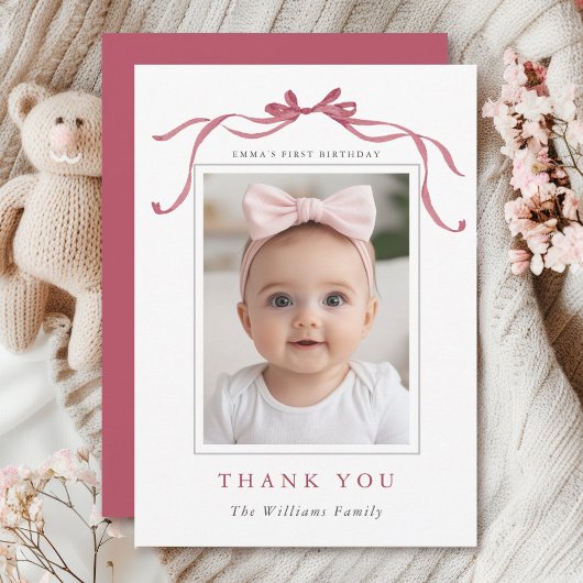 Minimal Deep Blush Pink Bow Birthday Photo  Bedankkaart