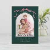 Minimal Deep Blush Pink Bow Christmas Photo Green Feestdagenkaart (Staand voorkant)