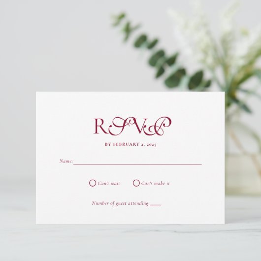 Minimal Deep Burgundy Script Wedding RSVP Kaartje (Staand voorkant)