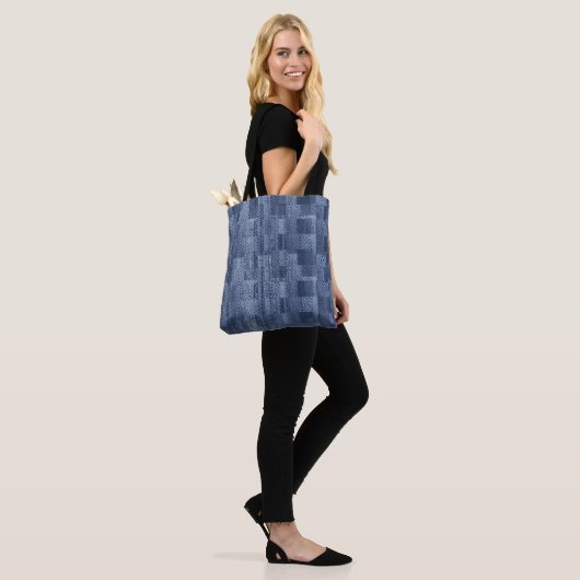 Minimal Denim Abstract Memphis Patchwork Tote Bag (Op model)