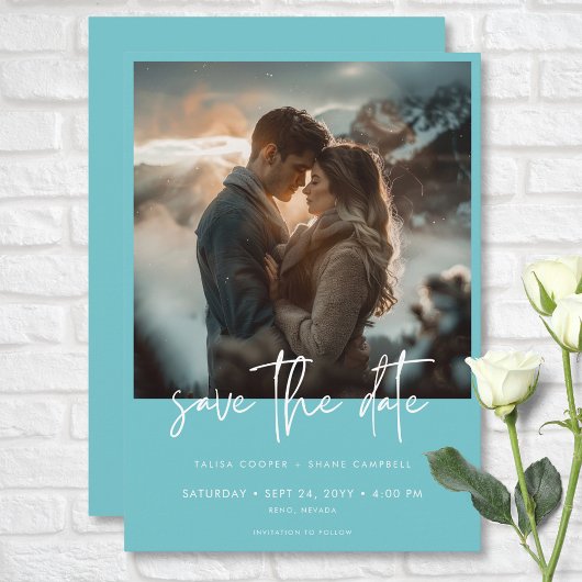 Minimal Dusty Aqua Blauwgroen Modern Photo Wedding Save The Date